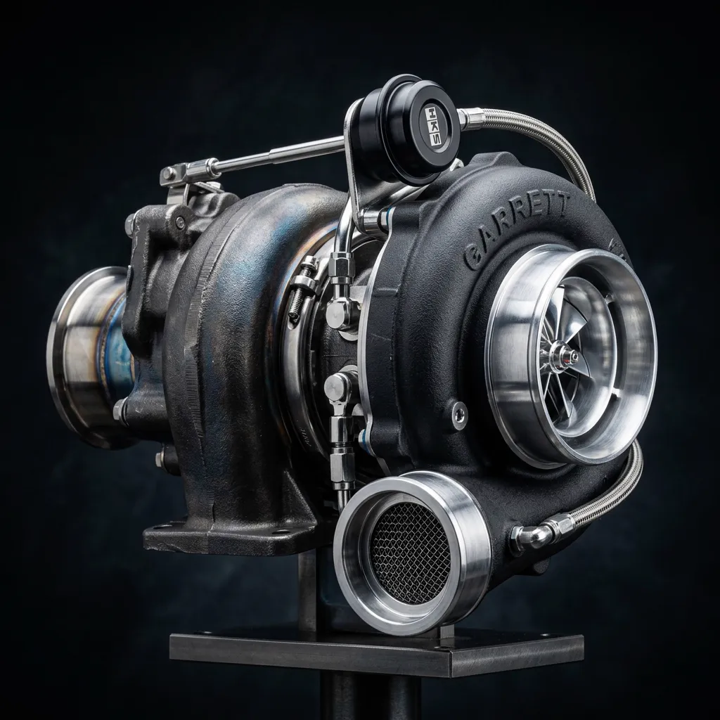 Garrett turbocharger components highlighting industrial precision engineering on dark background